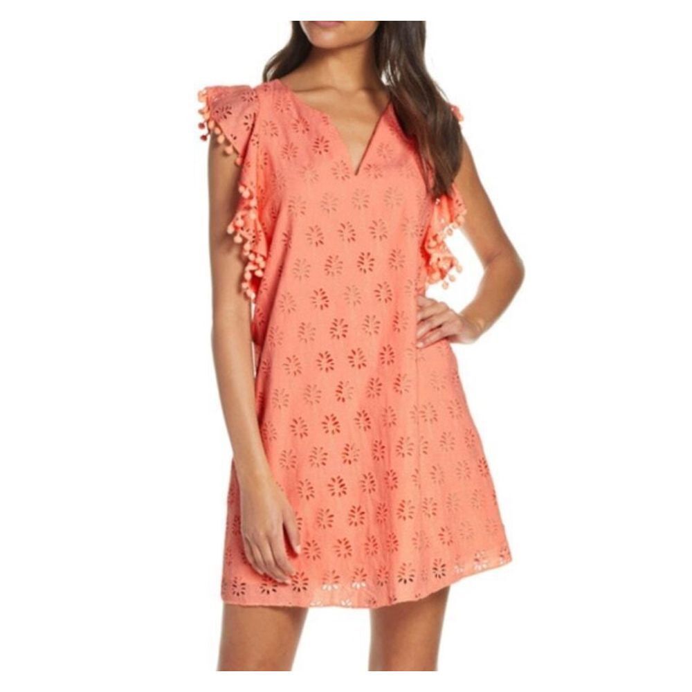 Lilly Pulitzer Astara Dress in Peach Flamingo Lily Palm Tree Eyelet Size XXS